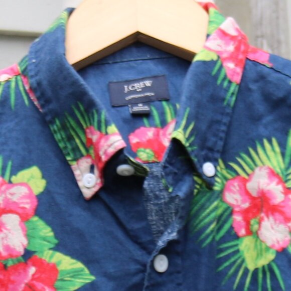 J CREW Blue Red Hawaiian Floral Cotton Linen Blend Slim Button Down Shirt Sz MED - Picture 2 of 3